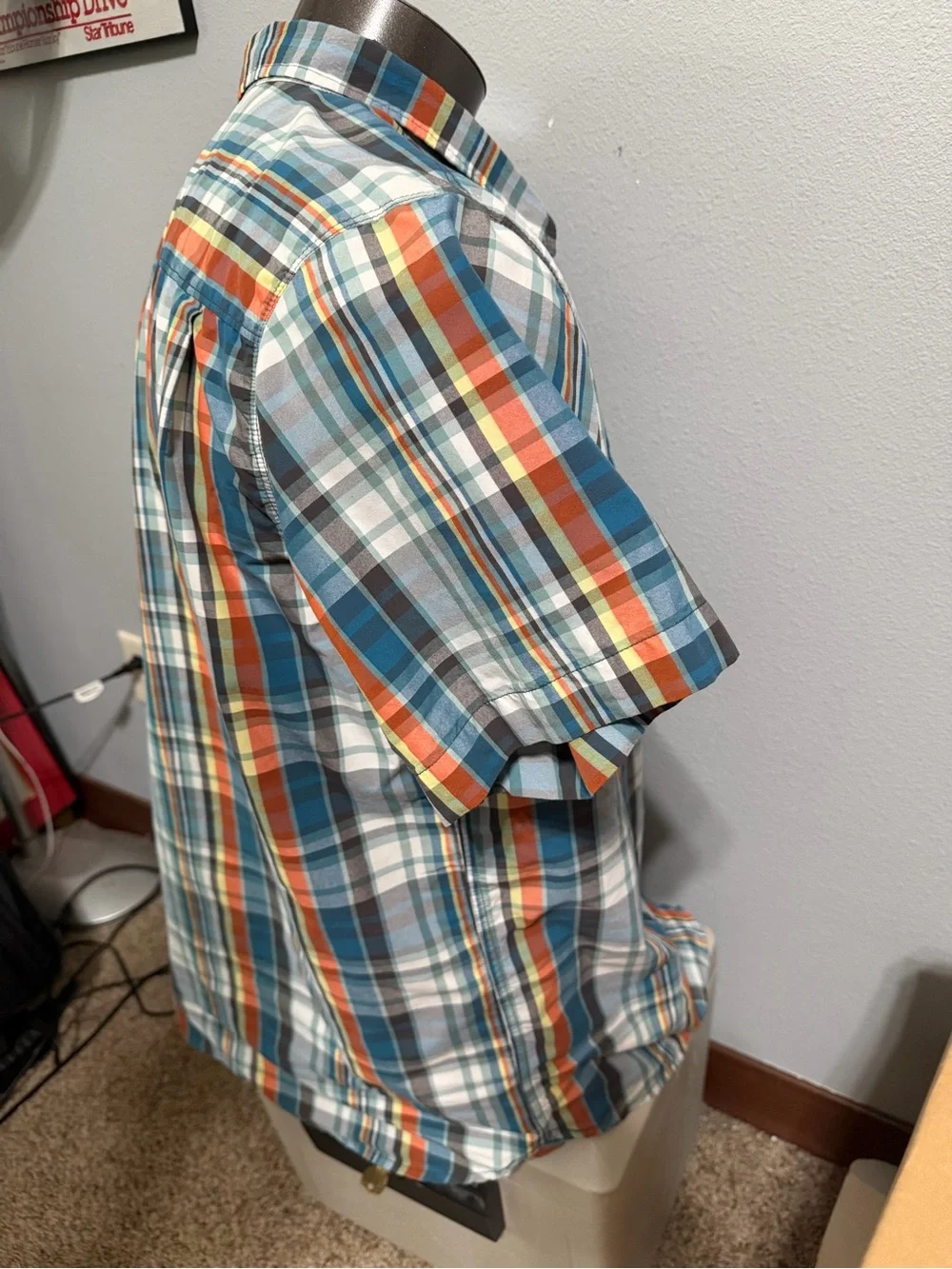 North Face Short-Sleeve Plaid Button-Up Shirt - Teal, Orange, White